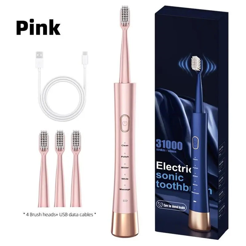 Electric USB Charging Toothbrush, 1 Count Soft Bristles Toothbrushes & 4 Counts Brush Head & 1 Count Charging Cable, Intelligent Cleaning Toothbrushes, Gift