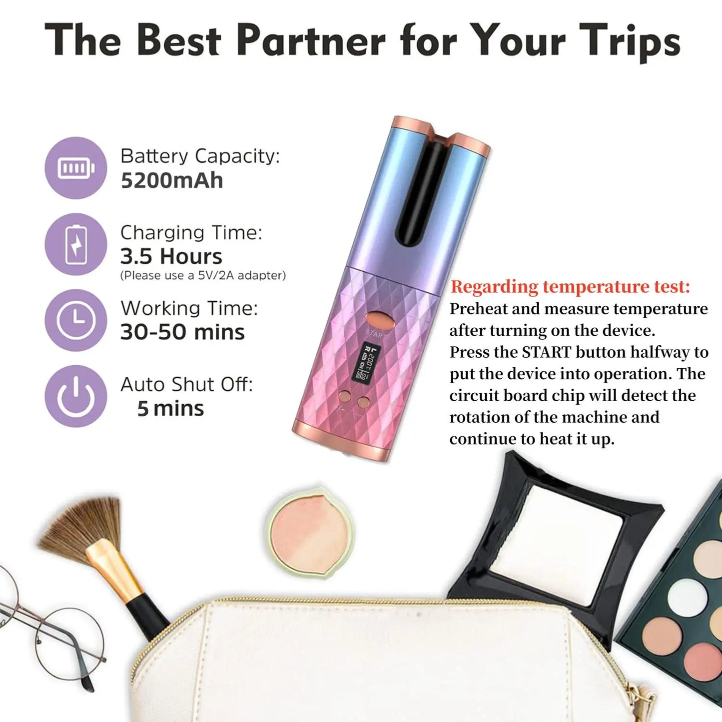 Automatic Cordless Hair Curler with LCD Display, Adjustable Timer and Temperature, 2-In-1 USB Rechargeable Portable Ceramic Curler, Fast Heating, Auto Rotating Curler, Automatic Curling Iron