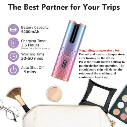 Automatic Cordless Hair Curler with LCD Display, Adjustable Timer and Temperature, 2-In-1 USB Rechargeable Portable Ceramic Curler, Fast Heating, Auto Rotating Curler, Automatic Curling Iron
