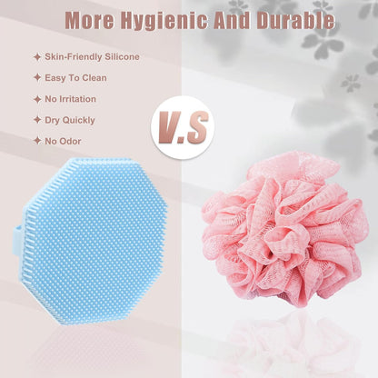 Silicone Body Scrubber, Exfoliating Shower Scrubber with Non-Slip Hand Strap, Body Brush for All Skin Types, for Use in Shower, Lake Blue