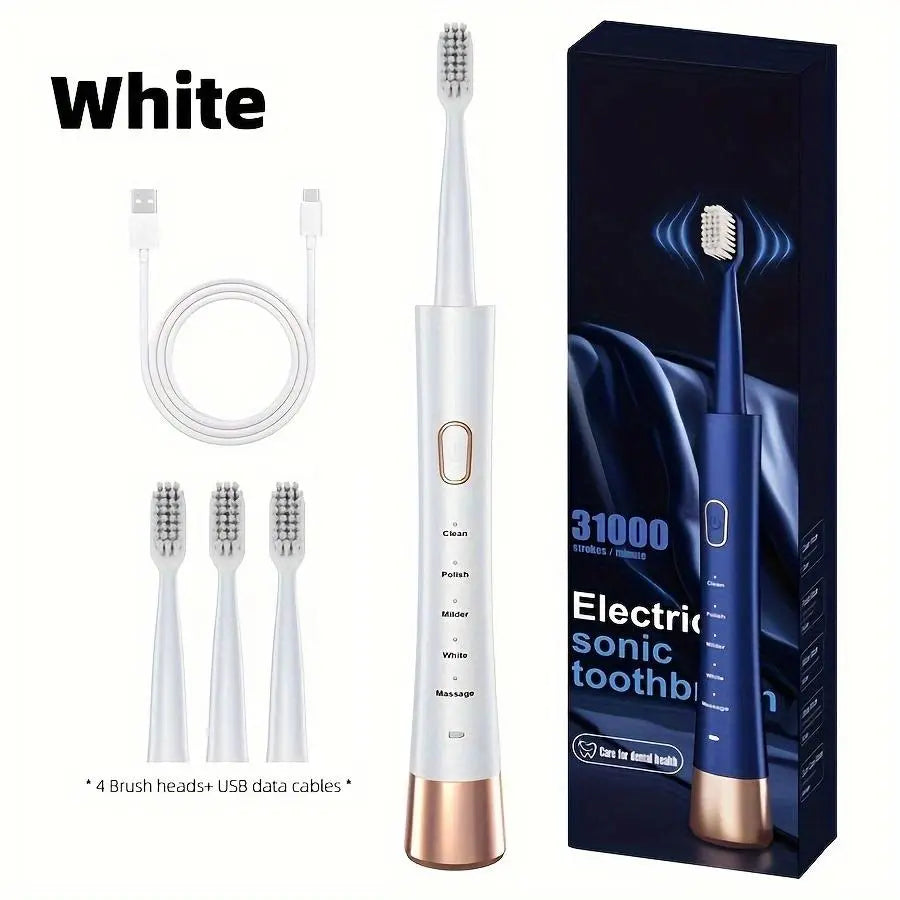 Electric USB Charging Toothbrush, 1 Count Soft Bristles Toothbrushes & 4 Counts Brush Head & 1 Count Charging Cable, Intelligent Cleaning Toothbrushes, Gift