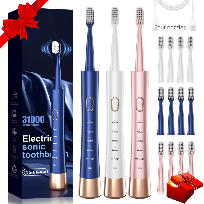 Electric USB Charging Toothbrush, 1 Count Soft Bristles Toothbrushes & 4 Counts Brush Head & 1 Count Charging Cable, Intelligent Cleaning Toothbrushes, Gift