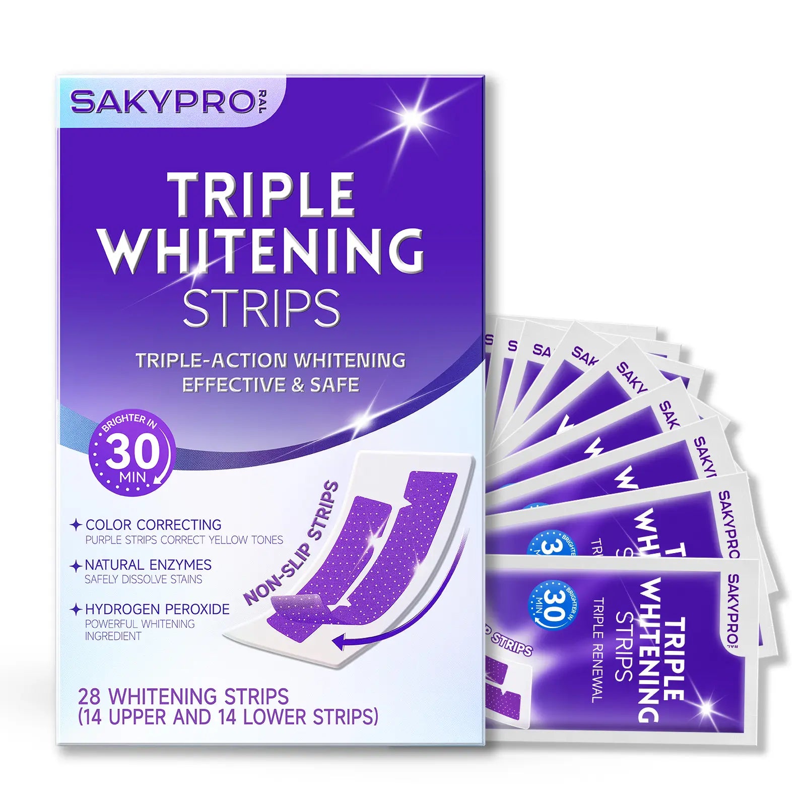 【Sakyproral】Purple Teeth Whitening Strip, 28 Strips, 7-Day Deep Whitening with Professional 6% Peroxide, No Residue, 4 Shades Whiter in 7 Days, Enamel Safe
