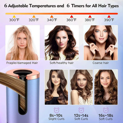 Automatic Cordless Hair Curler with LCD Display, Adjustable Timer and Temperature, 2-In-1 USB Rechargeable Portable Ceramic Curler, Fast Heating, Auto Rotating Curler, Automatic Curling Iron