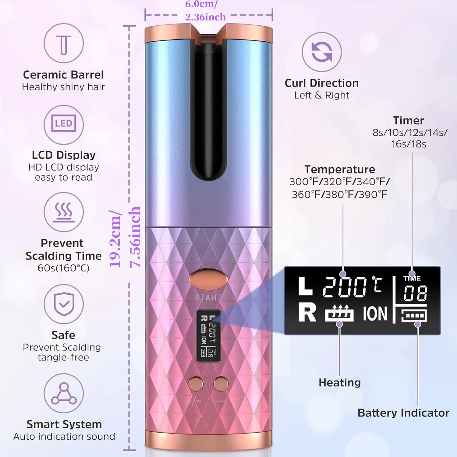 Automatic Cordless Hair Curler with LCD Display, Adjustable Timer and Temperature, 2-In-1 USB Rechargeable Portable Ceramic Curler, Fast Heating, Auto Rotating Curler, Automatic Curling Iron