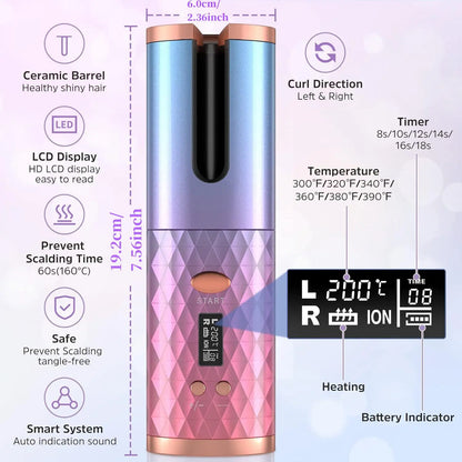 Automatic Cordless Hair Curler with LCD Display, Adjustable Timer and Temperature, 2-In-1 USB Rechargeable Portable Ceramic Curler, Fast Heating, Auto Rotating Curler, Automatic Curling Iron